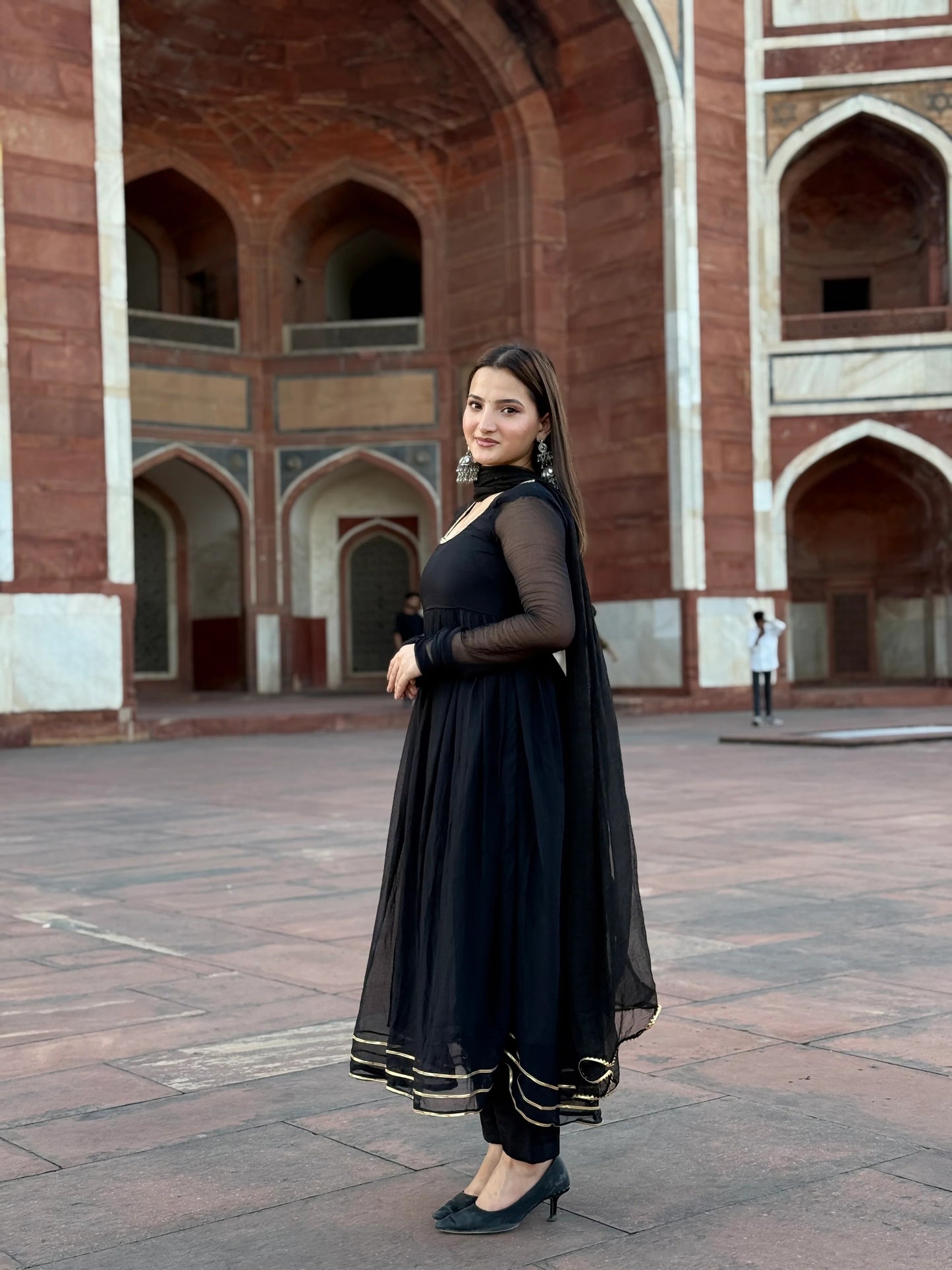 "Maya" - Captivating Black Chiffon Anarkali Suit Set with Gold Accents