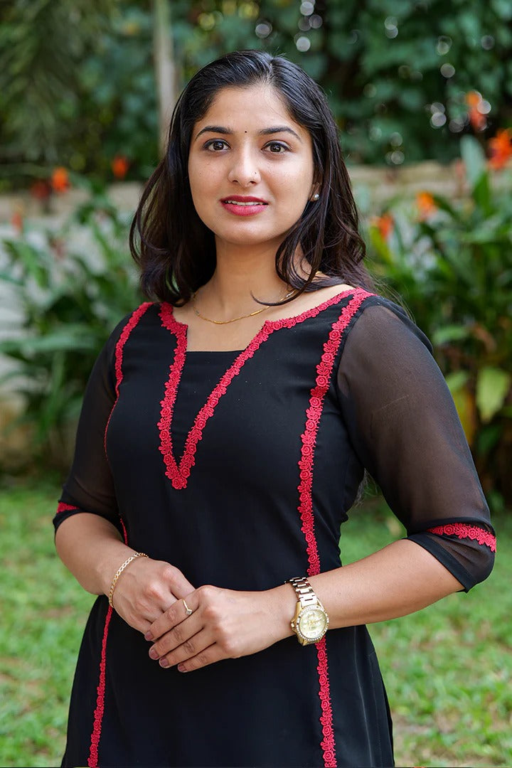 "Nidra" - Jet Black Premium Georgette Suit Set with Ruby Red Lace