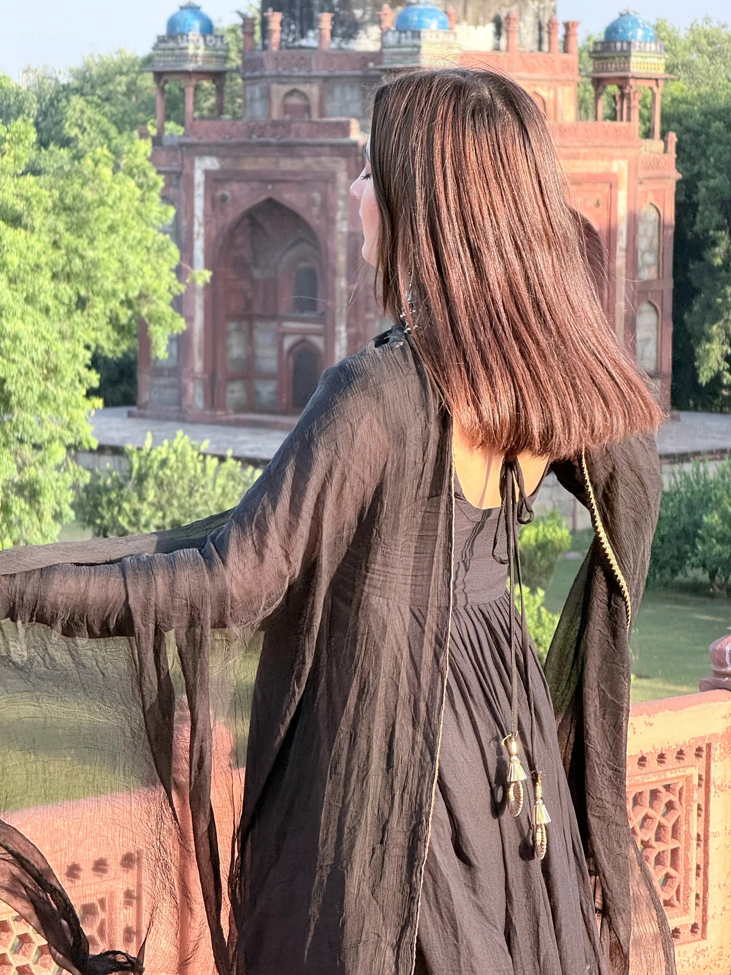 "Maya" - Captivating Black Chiffon Anarkali Suit Set with Gold Accents