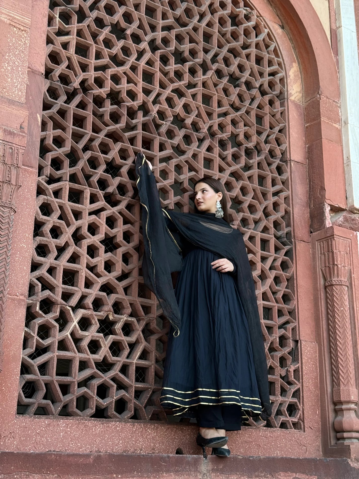 "Maya" - Captivating Black Chiffon Anarkali Suit Set with Gold Accents