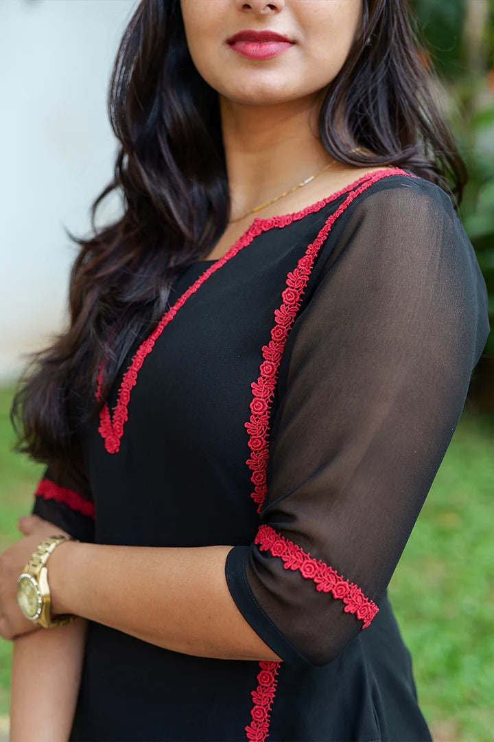 "Nidra" - Jet Black Premium Georgette Suit Set with Ruby Red Lace