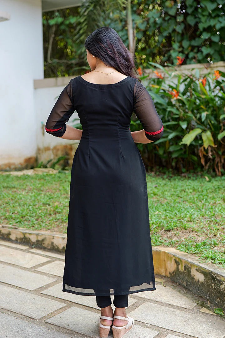 "Nidra" - Jet Black Premium Georgette Suit Set with Ruby Red Lace