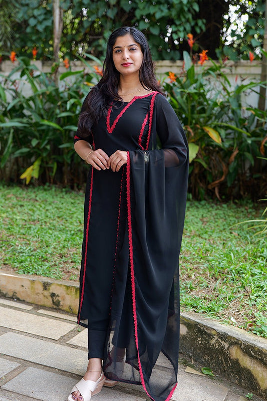 "Nidra" - Jet Black Premium Georgette Suit Set with Ruby Red Lace