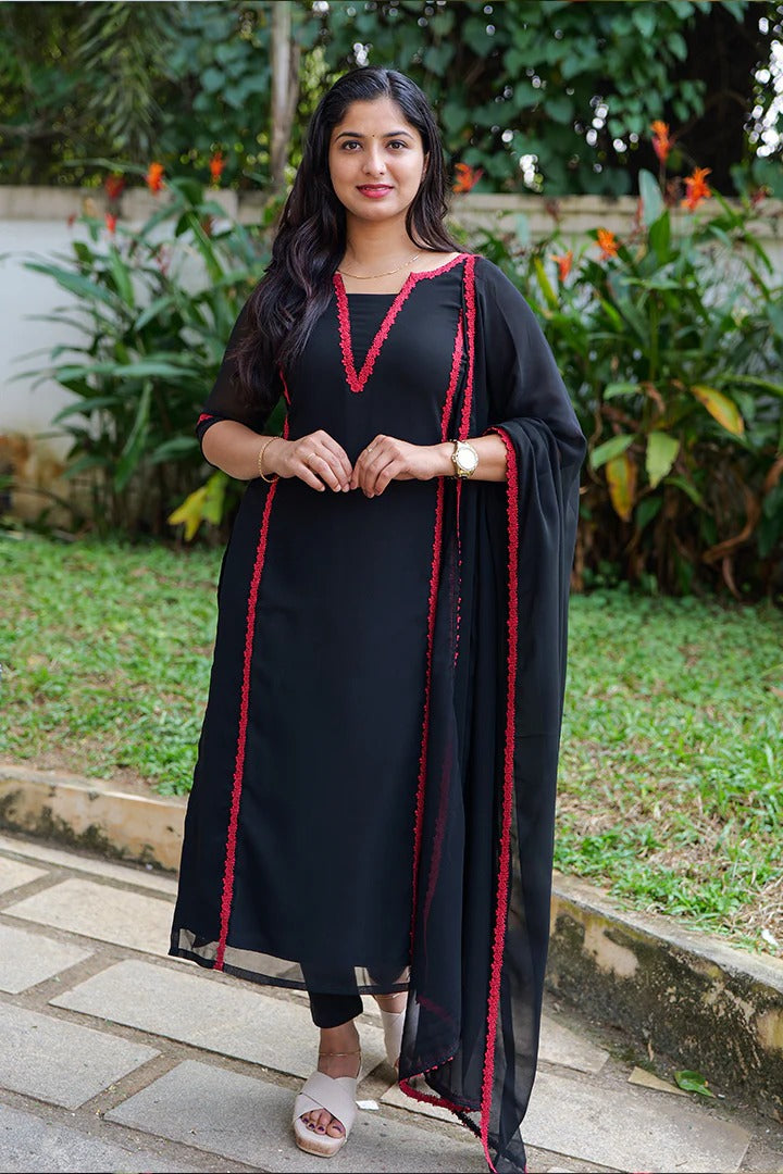 "Nidra" - Jet Black Premium Georgette Suit Set with Ruby Red Lace