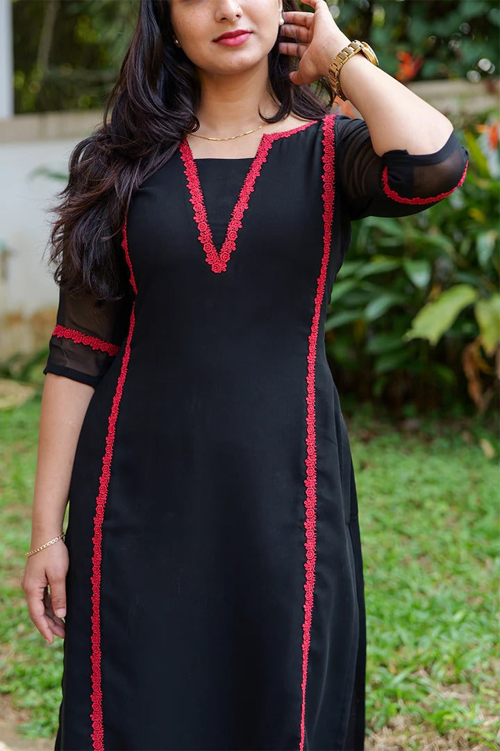 "Nidra" - Jet Black Premium Georgette Suit Set with Ruby Red Lace