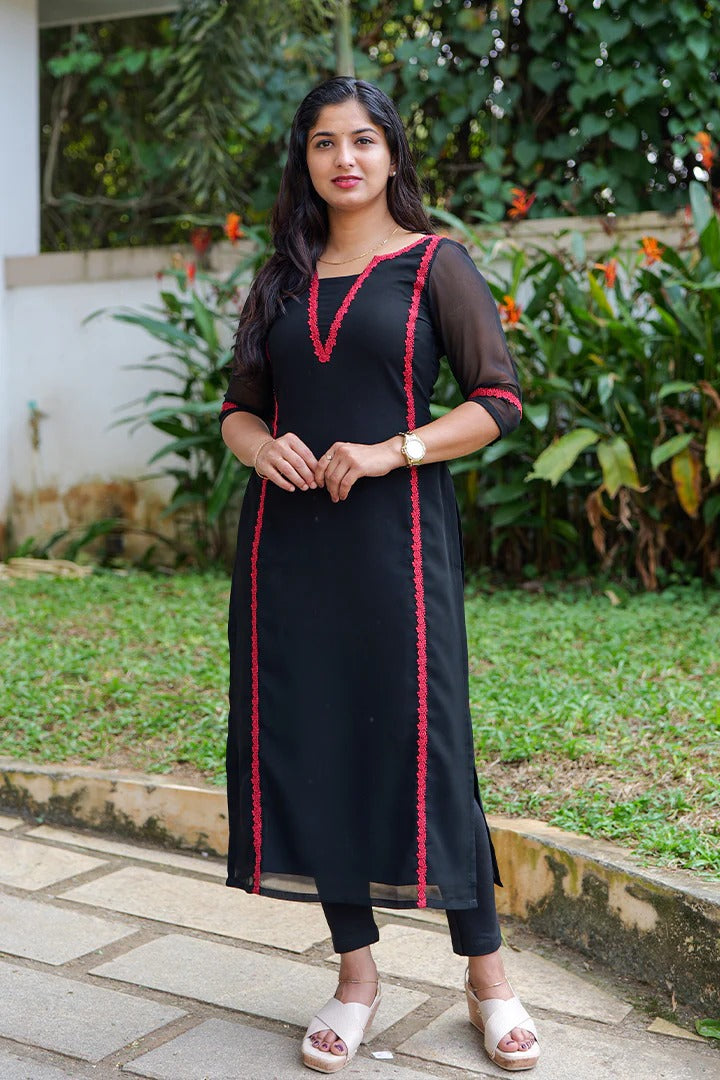 "Nidra" - Jet Black Premium Georgette Suit Set with Ruby Red Lace