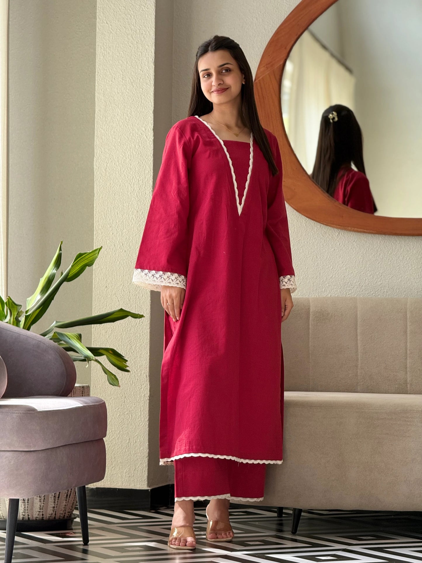 "Ruhi" — Radiant Red Cotton Flex Kurta Set with Scalloped Lace