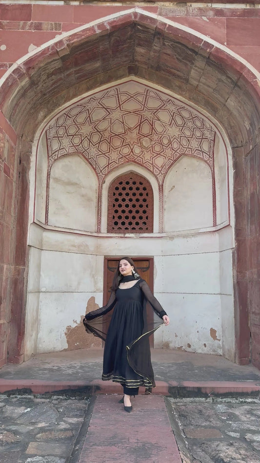 "Maya" - Captivating Black Chiffon Anarkali Suit Set with Gold Accents