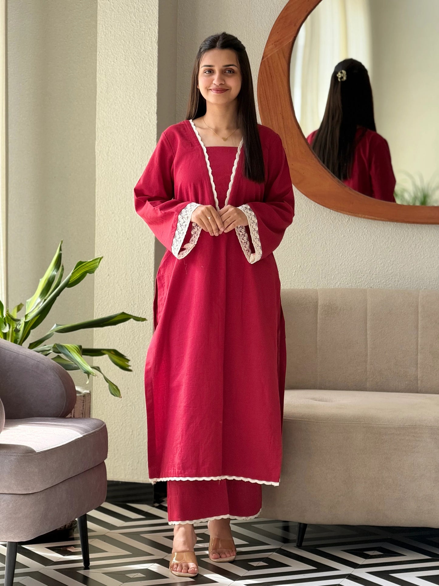 "Ruhi" — Radiant Red Cotton Flex Kurta Set with Scalloped Lace