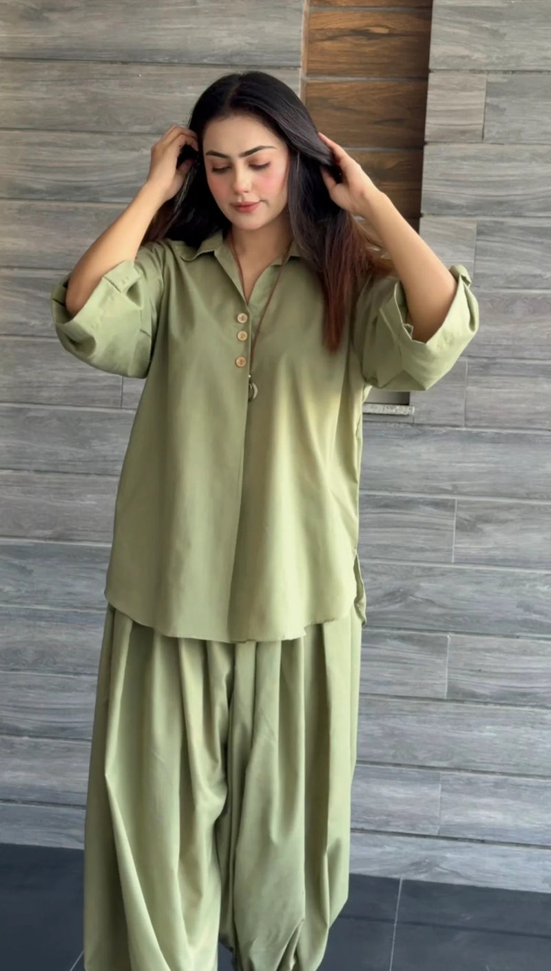 Ira Rayon Co-ord Set for Women | Relaxed Fit Shirt Top with Draped Pants