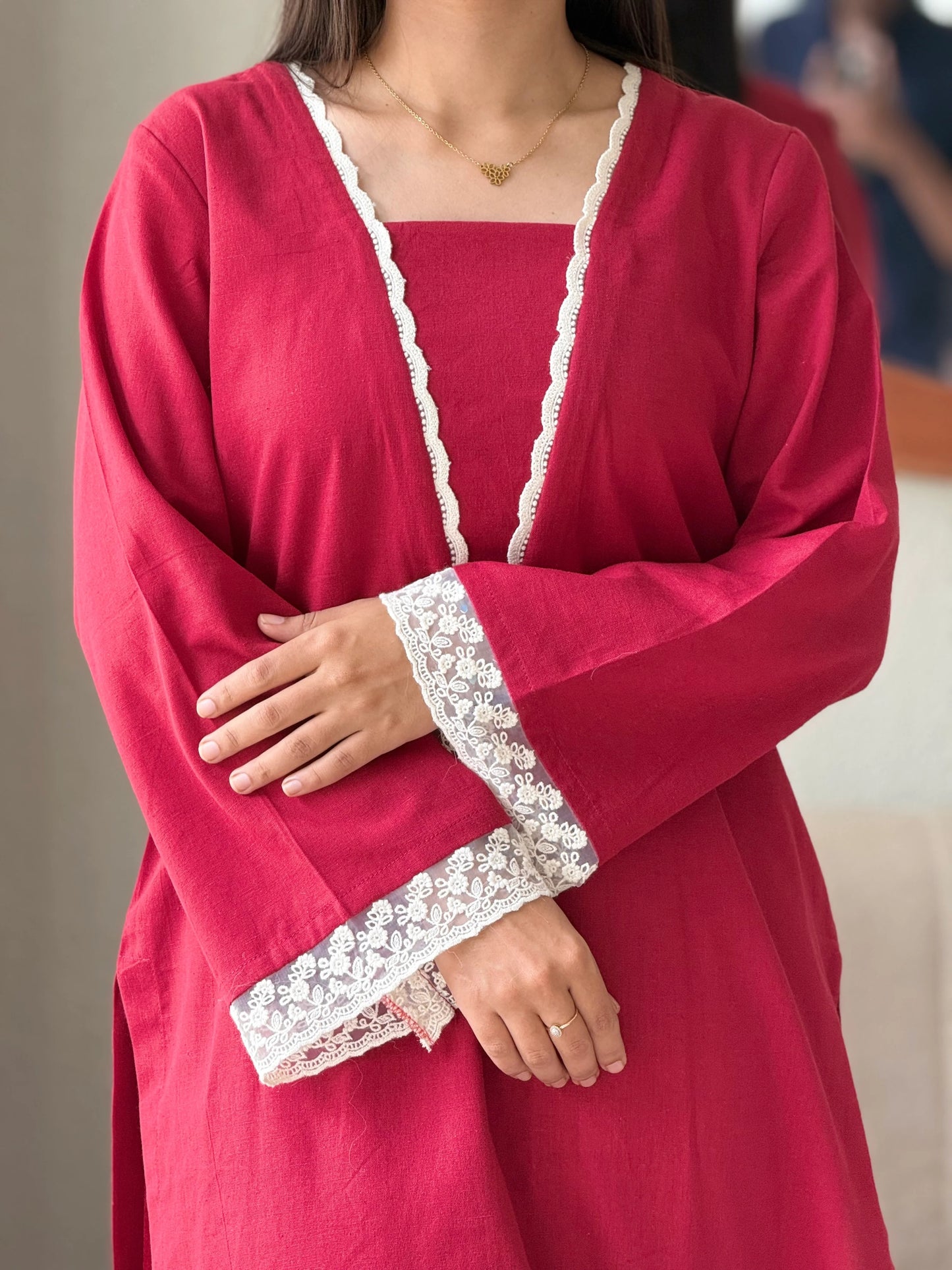 "Ruhi" — Radiant Red Cotton Flex Kurta Set with Scalloped Lace
