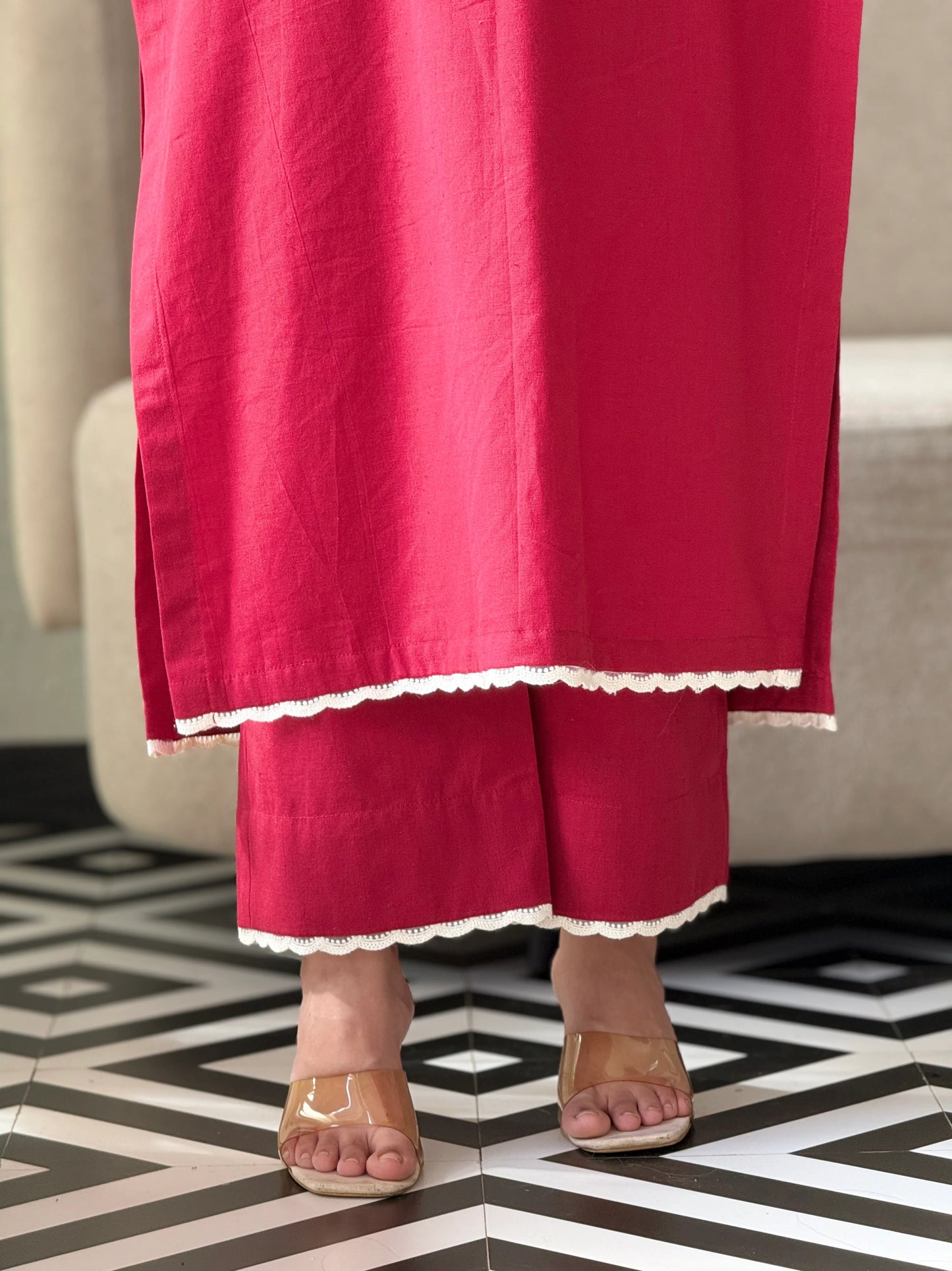 "Ruhi" — Radiant Red Cotton Flex Kurta Set with Scalloped Lace