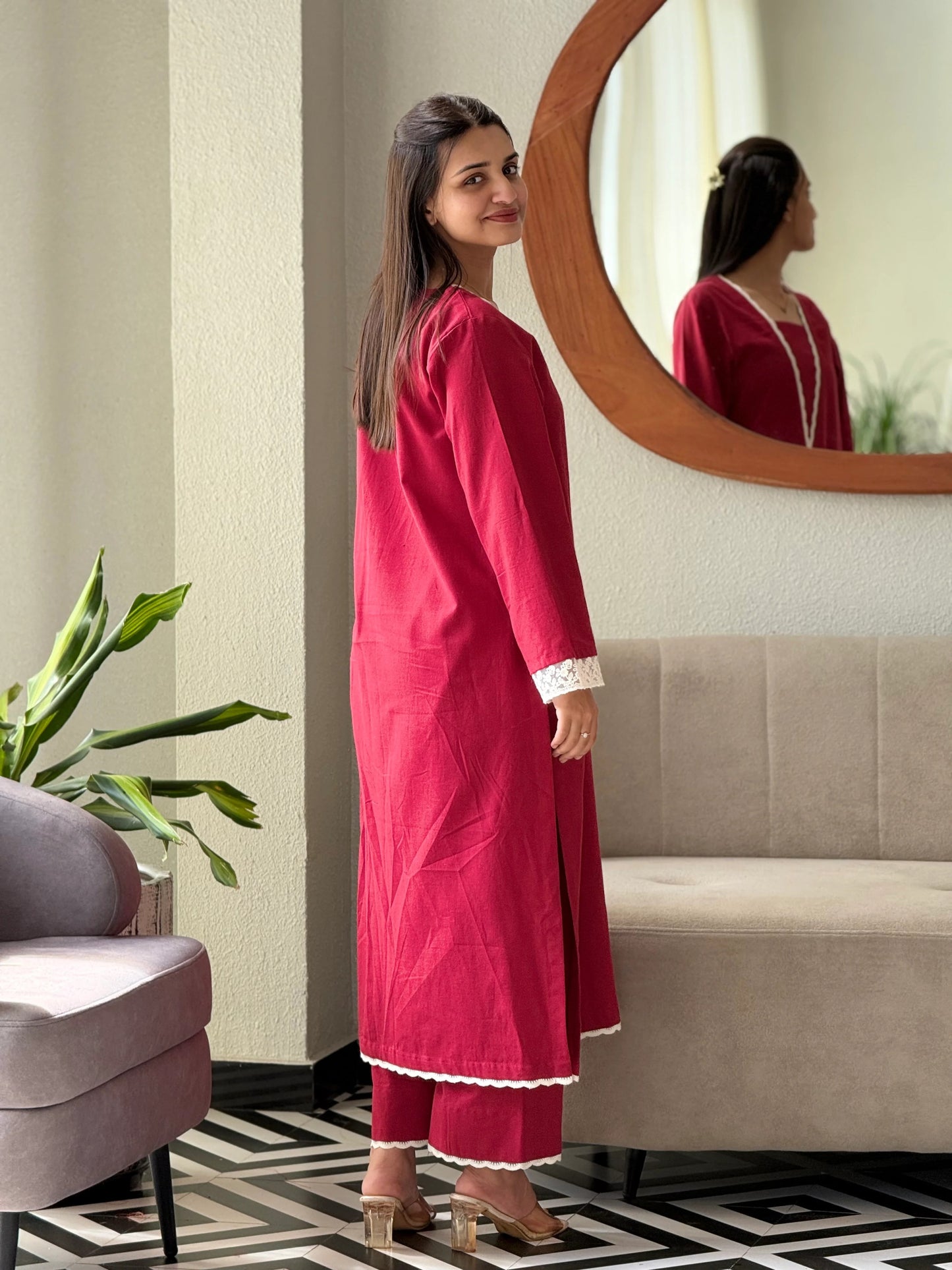 "Ruhi" — Radiant Red Cotton Flex Kurta Set with Scalloped Lace