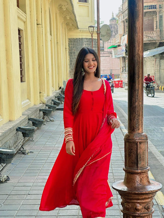 "Inaya" - Royal Red Roman Silk Festive Suit Set