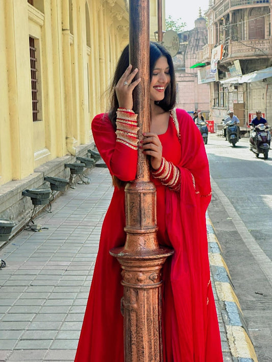 "Inaya" - Royal Red Roman Silk Festive Suit Set