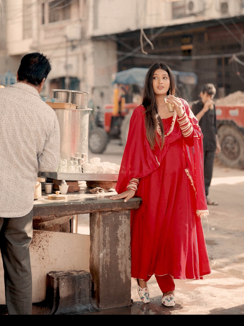 "Inaya" - Royal Red Roman Silk Festive Suit Set