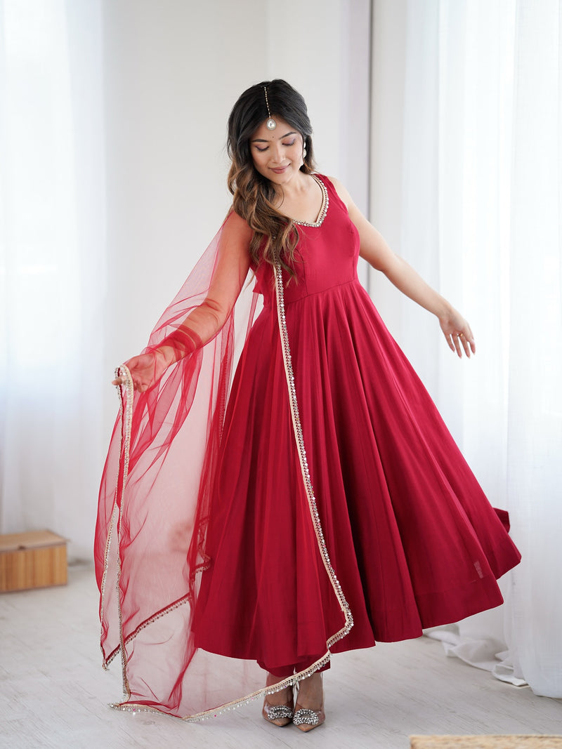 Ruhika Red Chanderi Cotton Suit Set