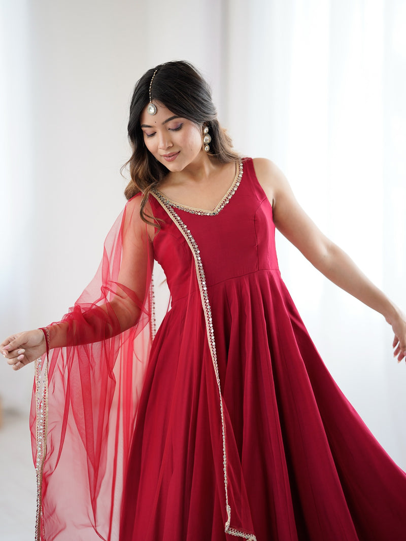 Ruhika Red Chanderi Cotton Suit Set