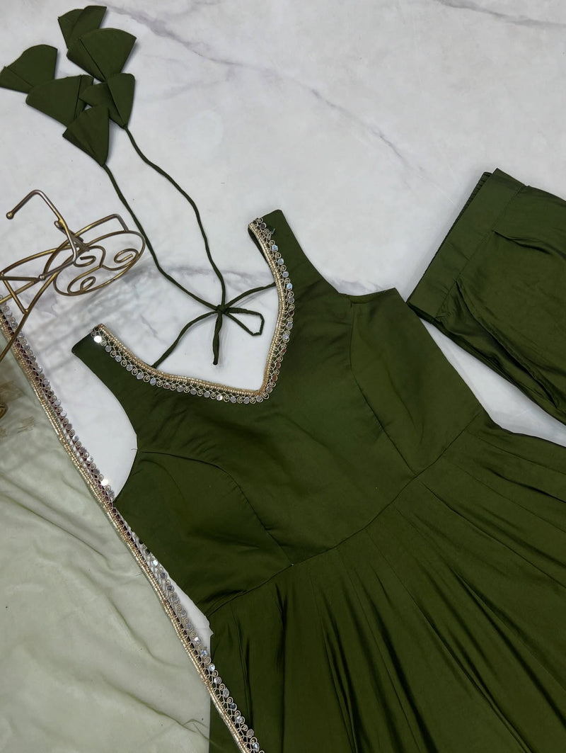 Varnika Olive Green Chanderi Cotton Suit Set