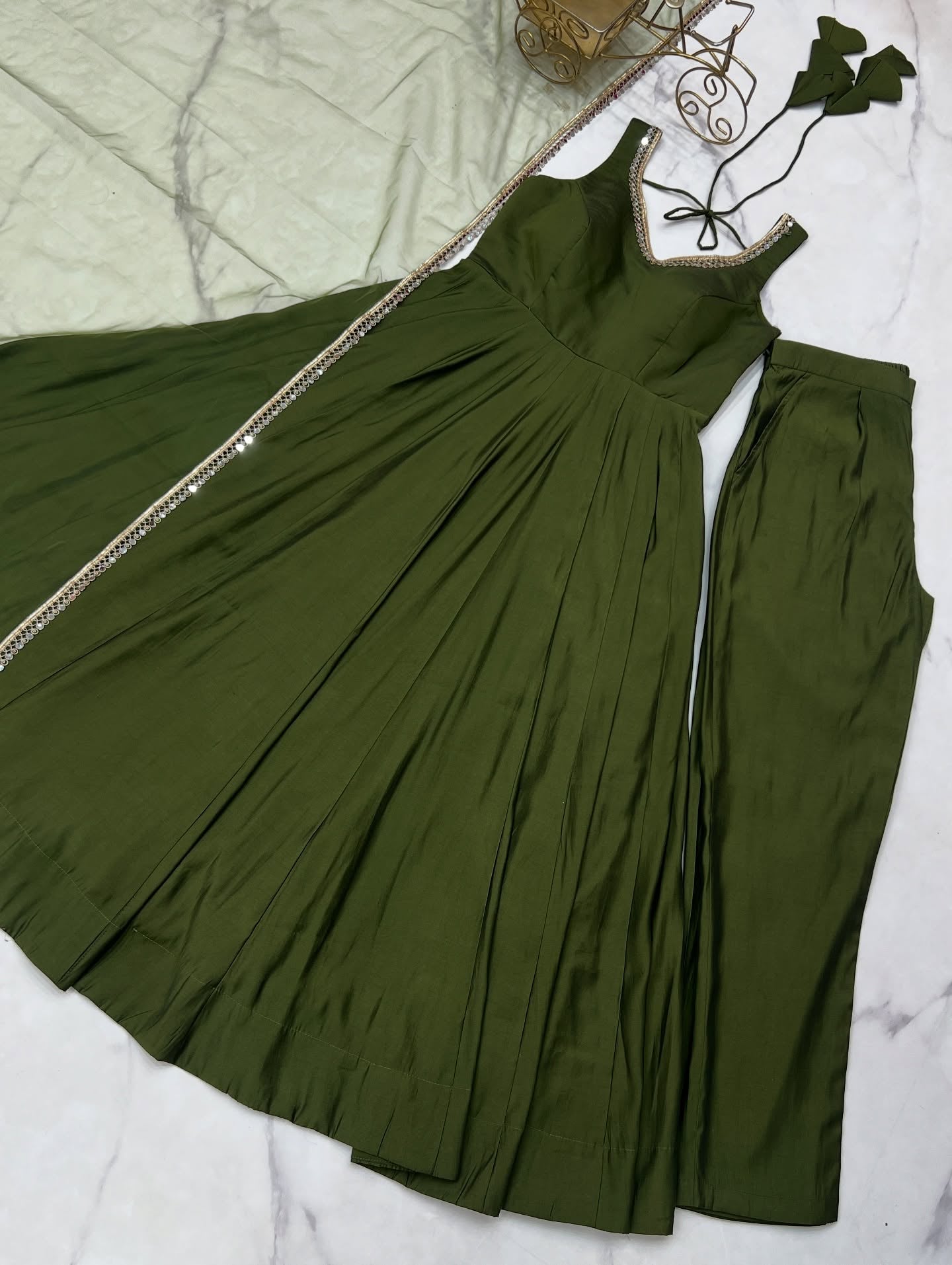 Varnika Olive Green Chanderi Cotton Suit Set