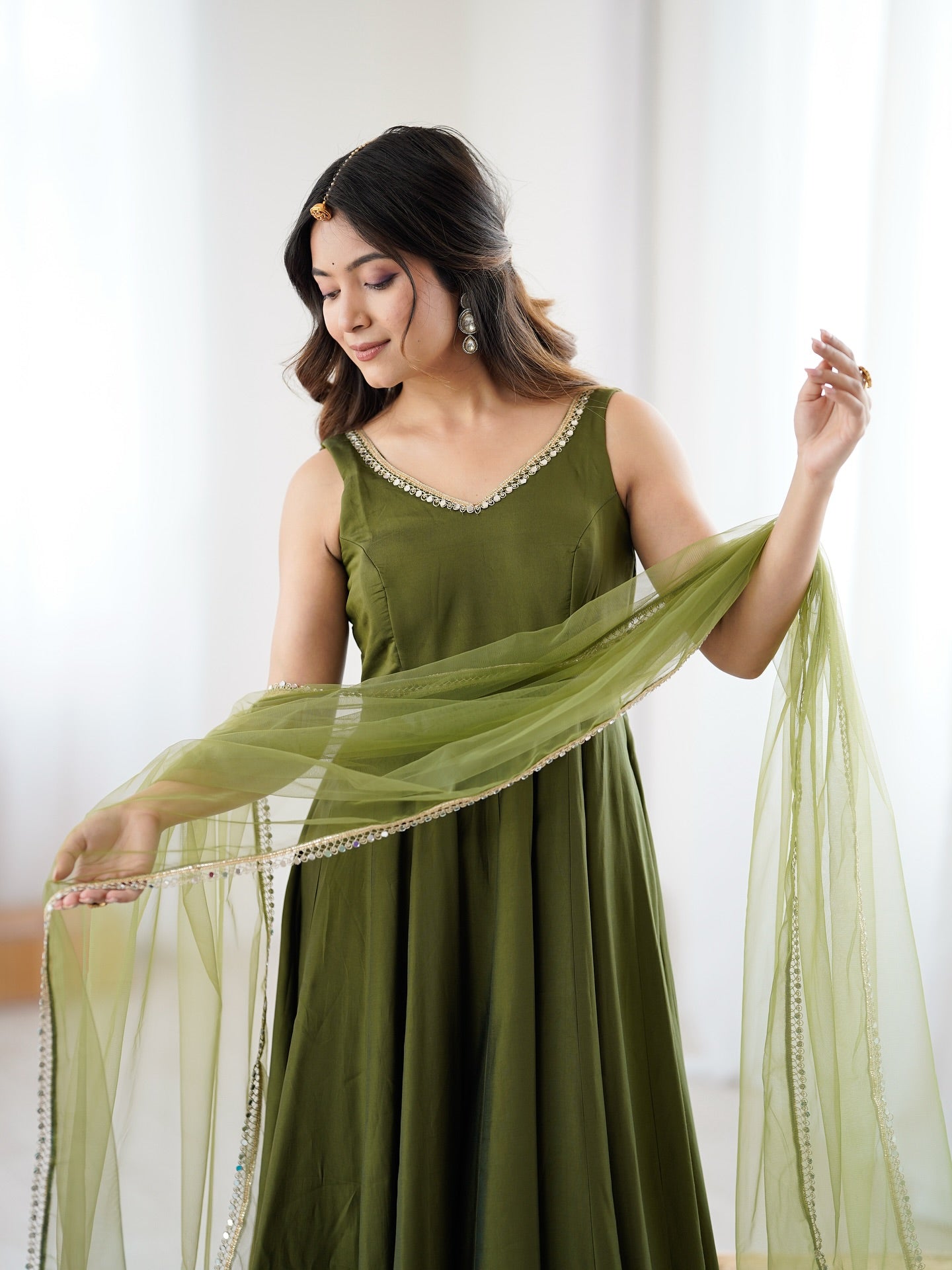Varnika Olive Green Chanderi Cotton Suit Set