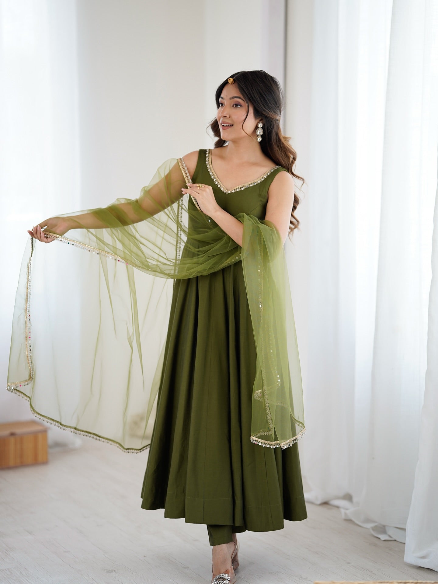 Varnika Olive Green Chanderi Cotton Suit Set