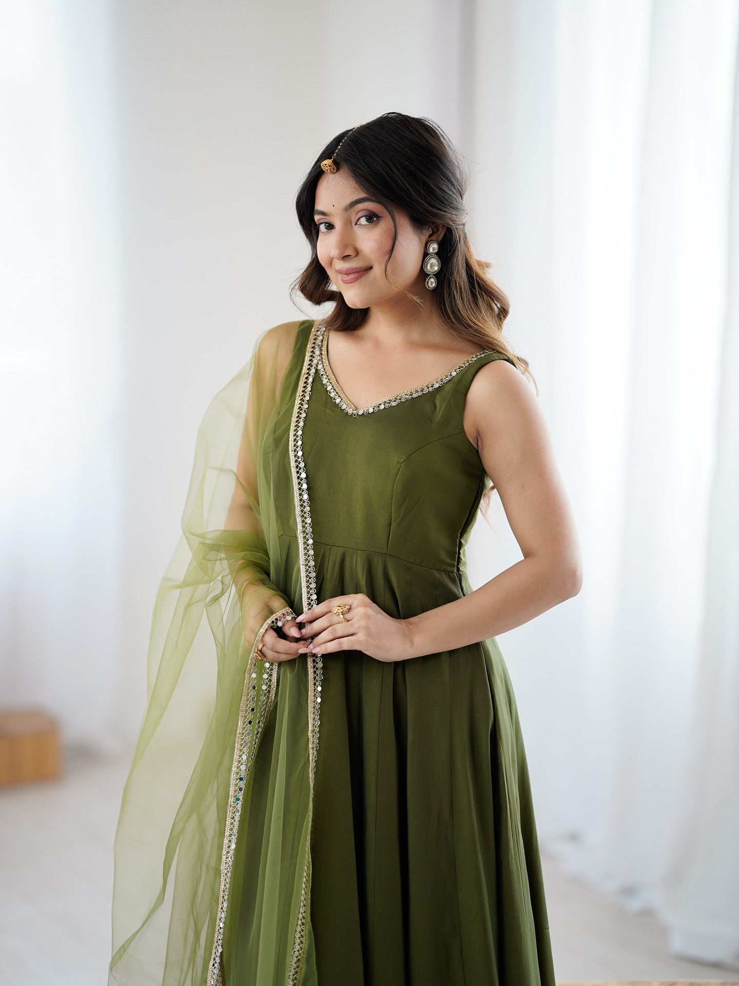 Varnika Olive Green Chanderi Cotton Suit Set