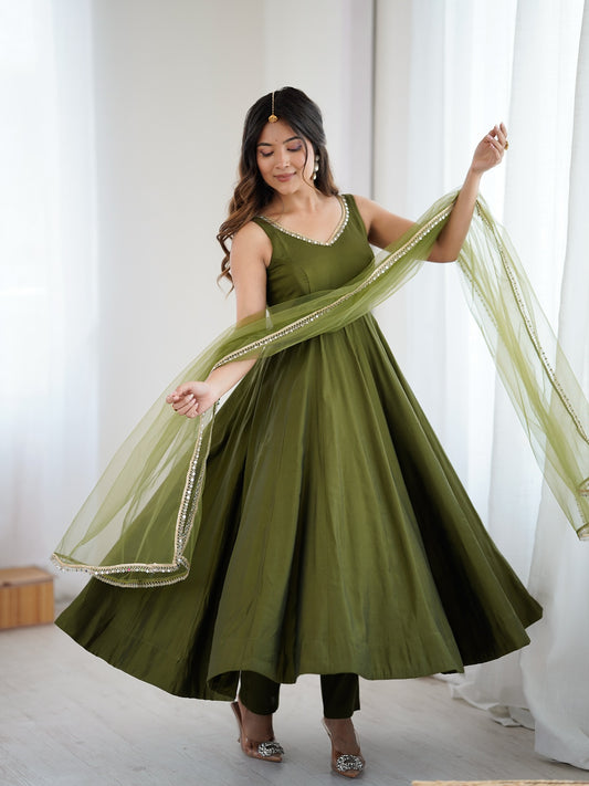 Varnika Olive Green Chanderi Cotton Suit Set