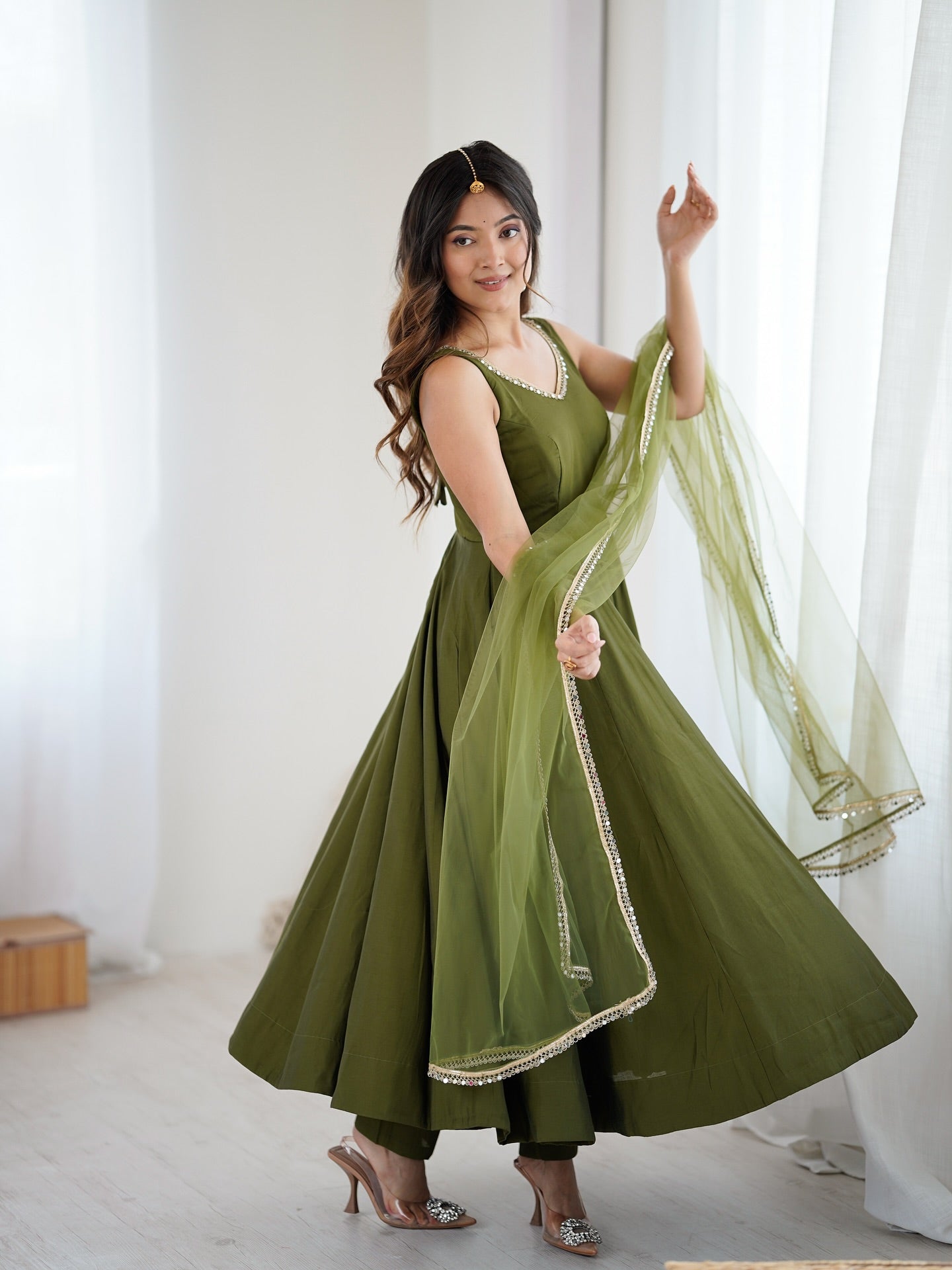 Varnika Olive Green Chanderi Cotton Suit Set