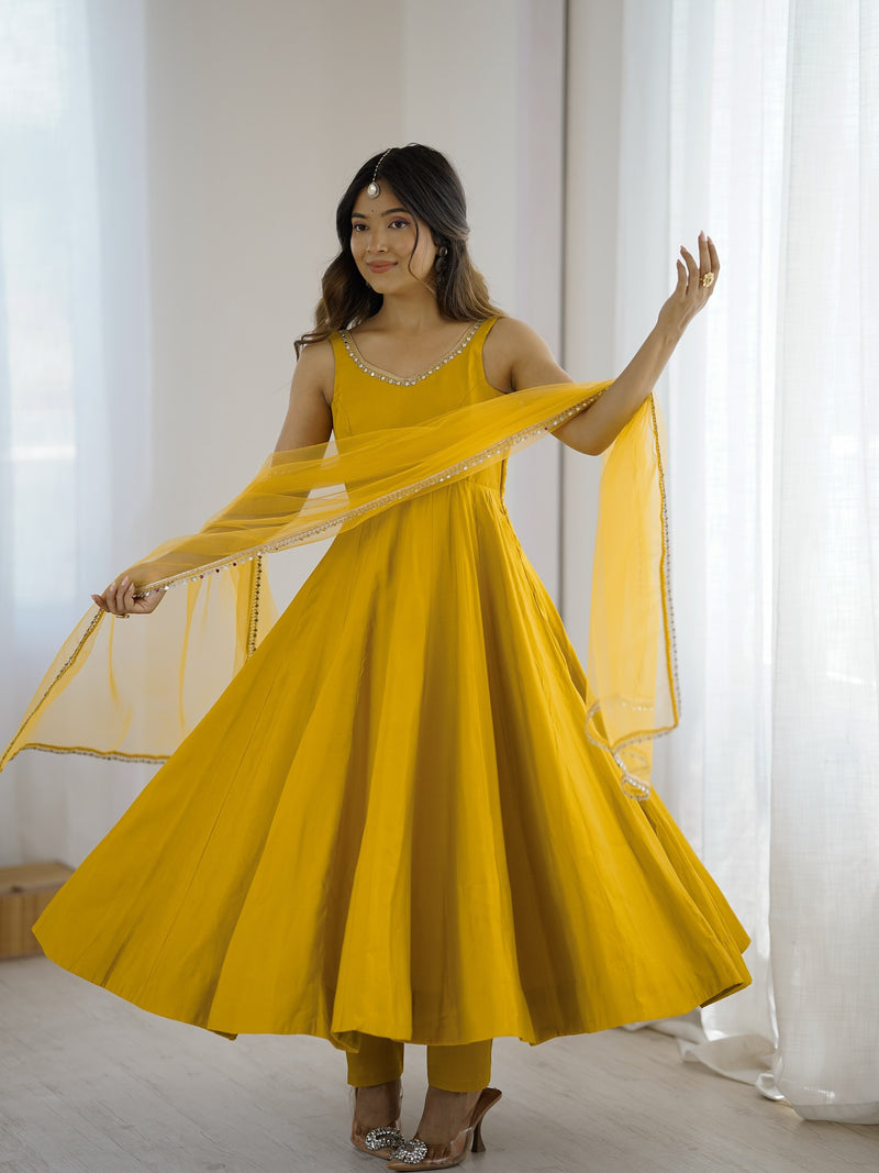 Kanira Mustard Yellow Chanderi Cotton Suit Set