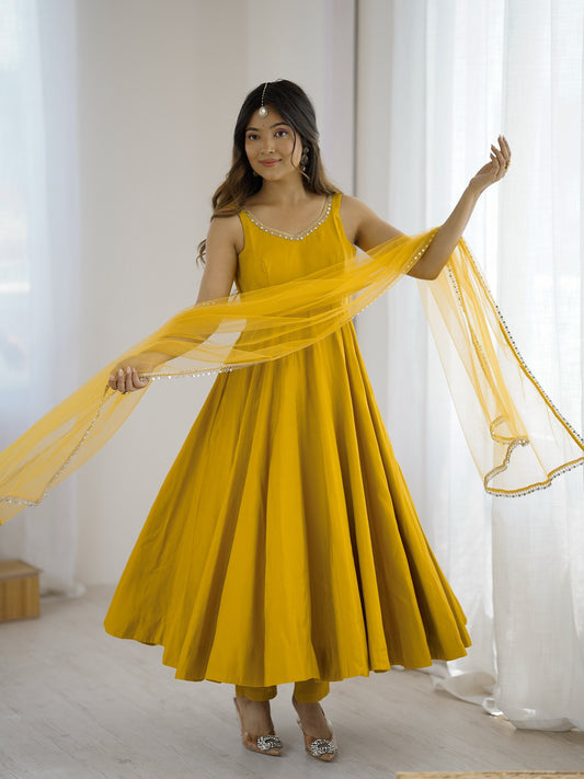 Kanira Mustard Yellow Chanderi Cotton Suit Set