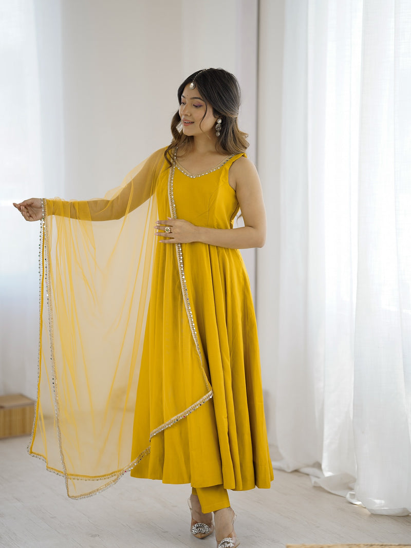 Kanira Mustard Yellow Chanderi Cotton Suit Set