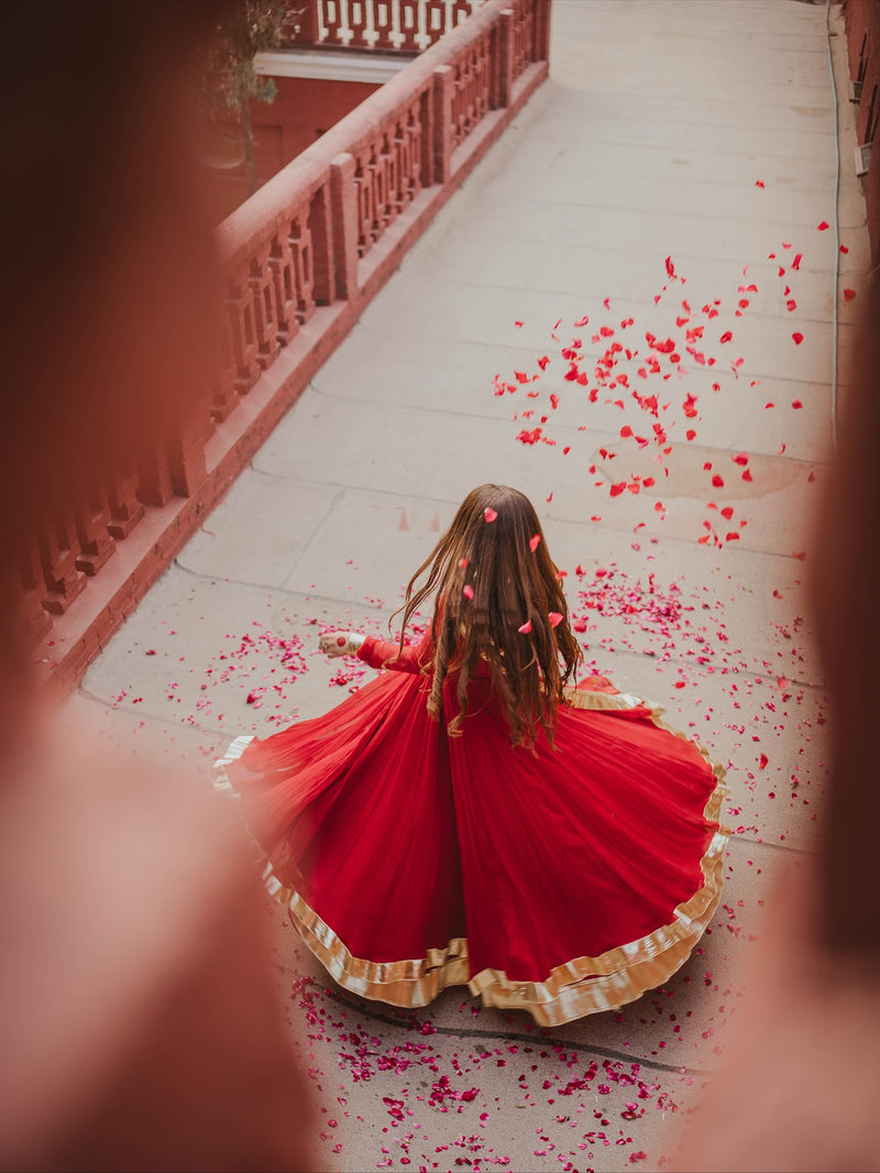 "Arushi" - Red Georgette Full Flare Anarkali Suit Set with Gold Gota