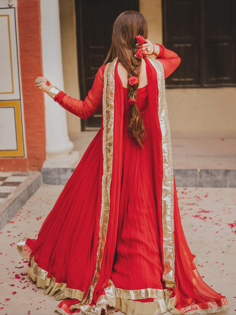 "Arushi" - Red Georgette Full Flare Anarkali Suit Set with Gold Gota