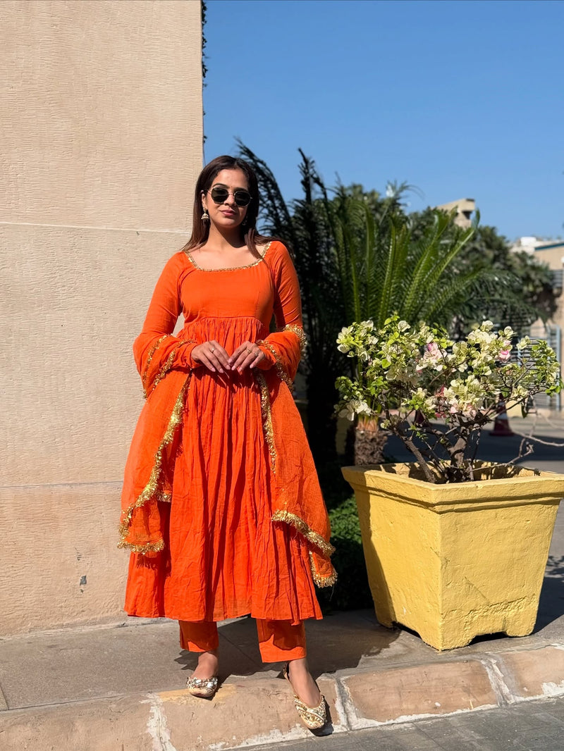 Saanvi Orange Mul Cotton Suit Set