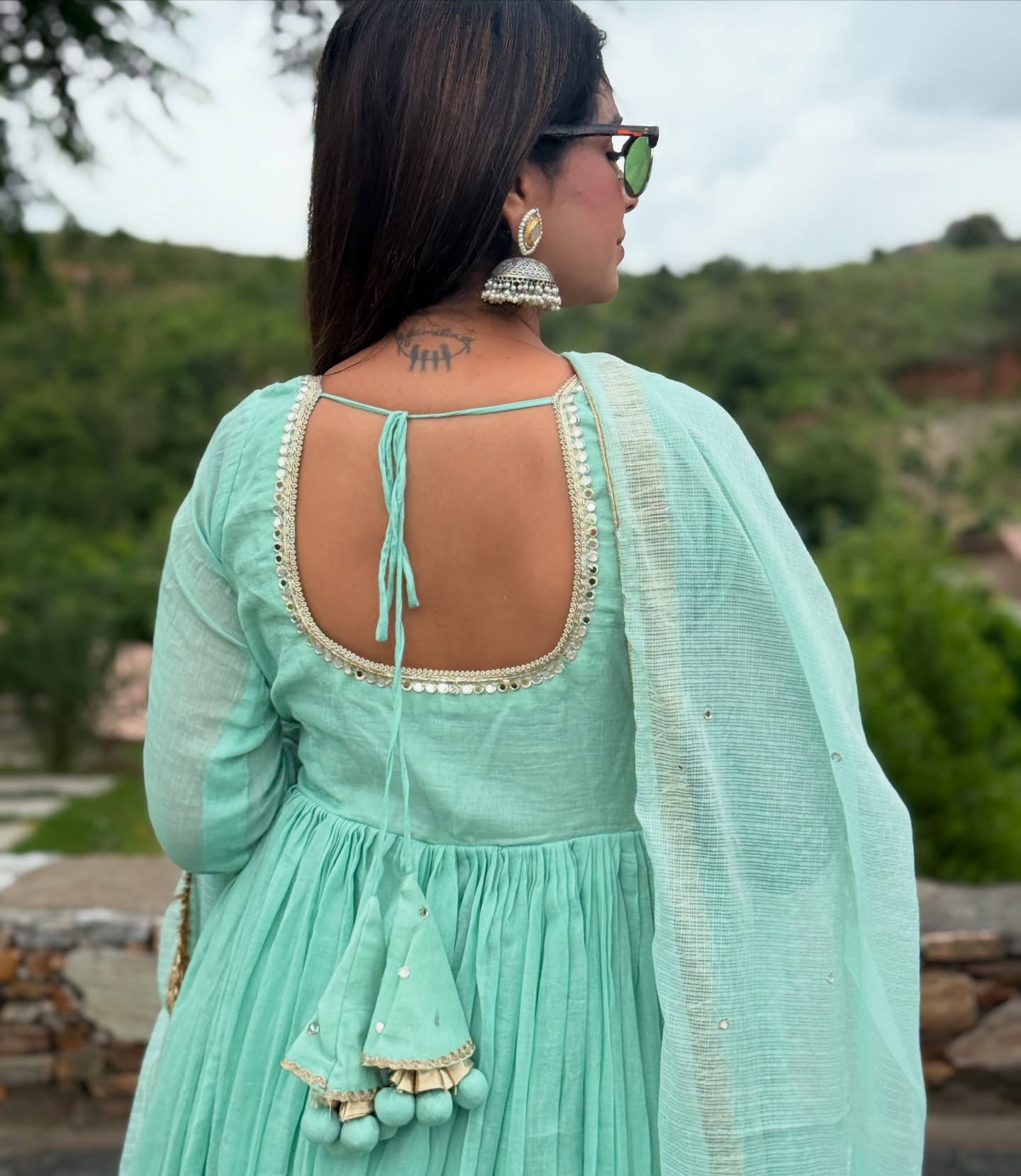 Aarvi Aqua Cotton Suit Set with Kota Doria Dupatta