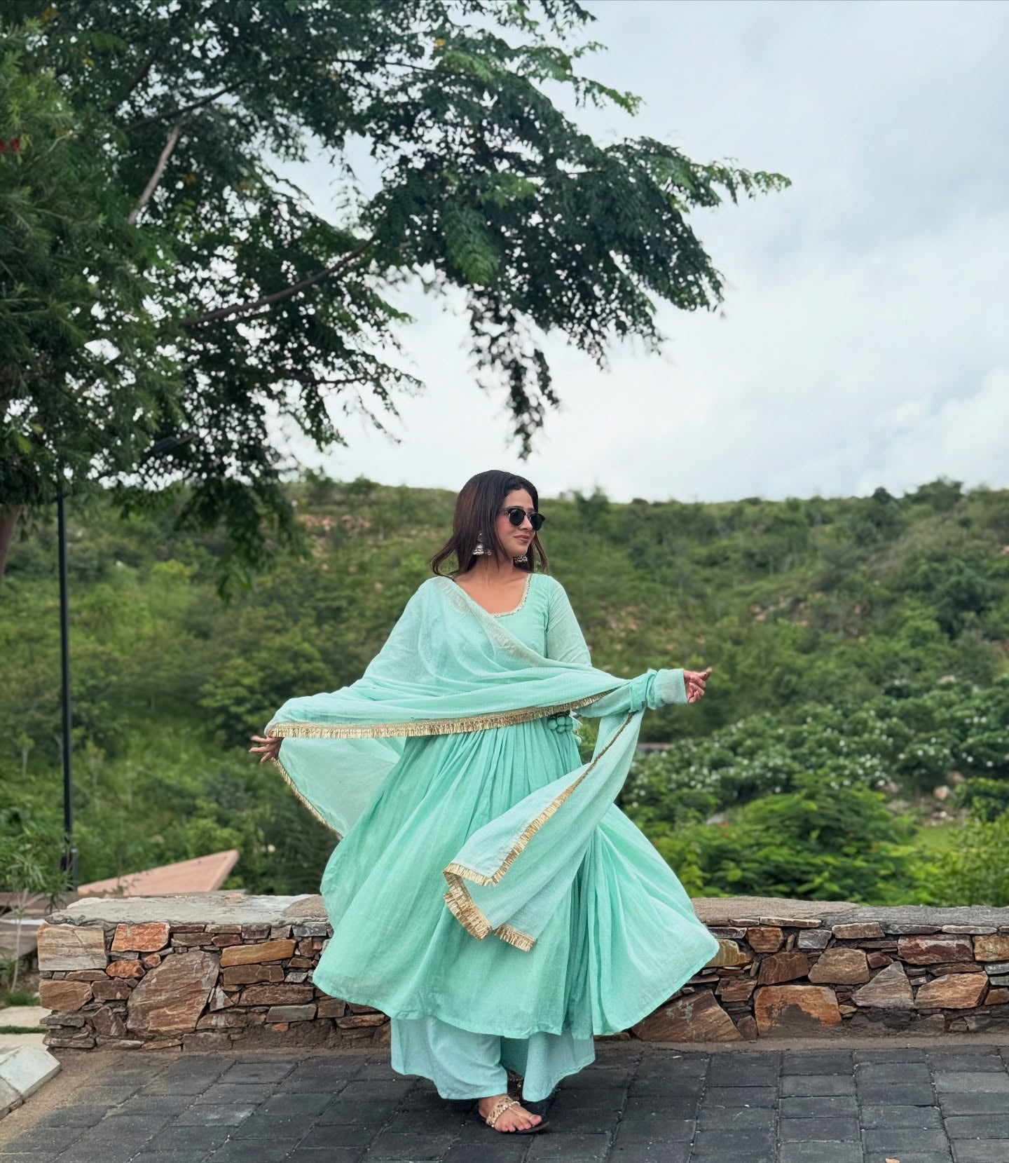 Aarvi Aqua Cotton Suit Set with Kota Doria Dupatta