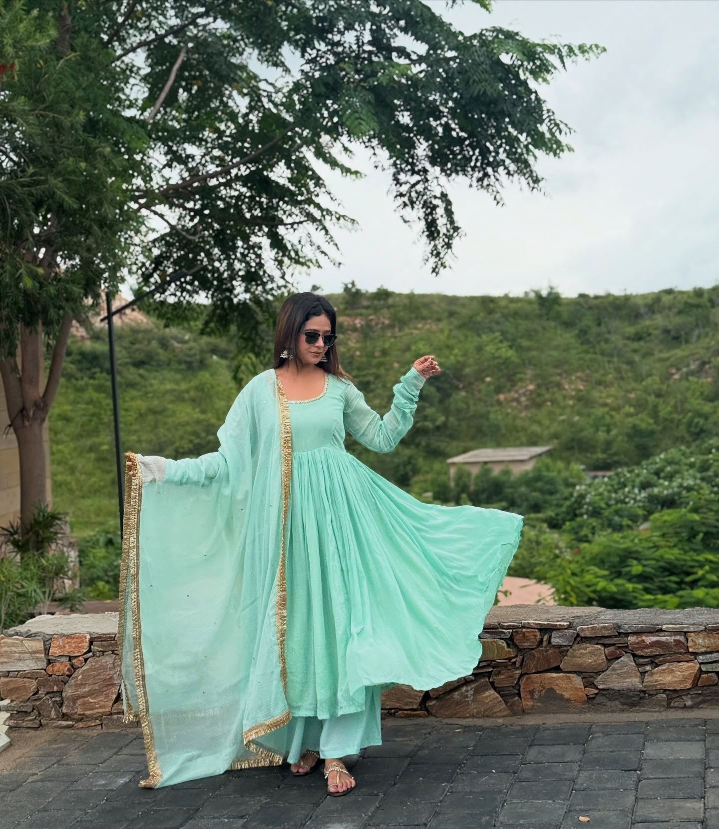 Aarvi Aqua Cotton Suit Set with Kota Doria Dupatta