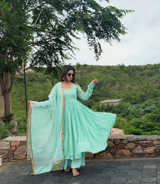 Aarvi Aqua Cotton Suit Set with Kota Doria Dupatta