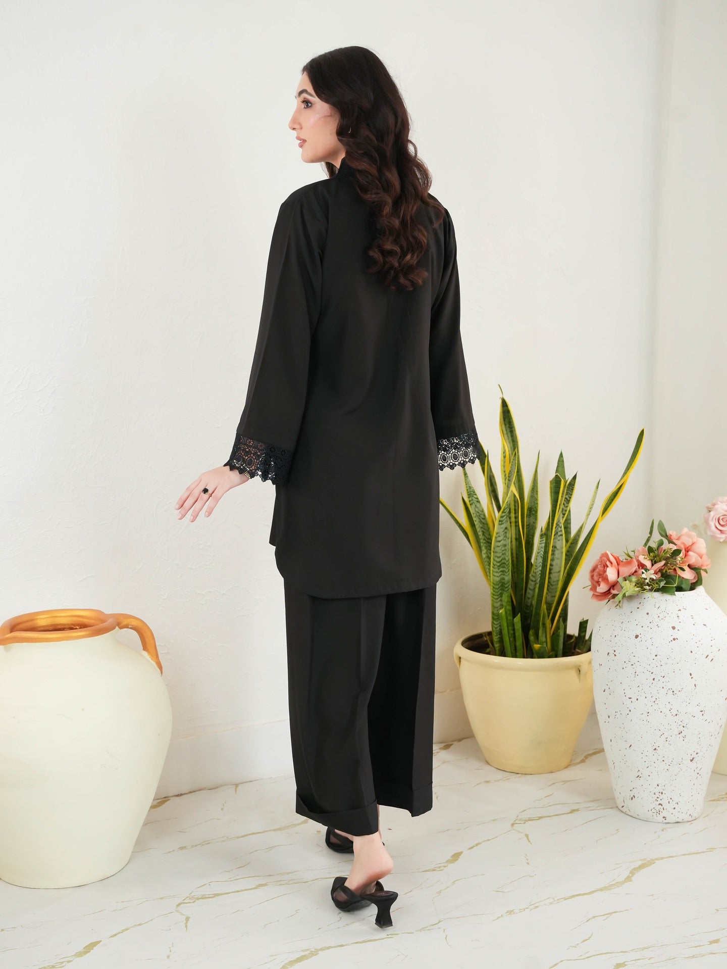 "Inara" – Midnight Black Premium Flowy Co-ord Set with Crochet Lace Detailing