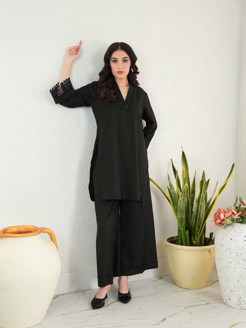 "Inara" – Midnight Black Premium Flowy Co-ord Set with Crochet Lace Detailing