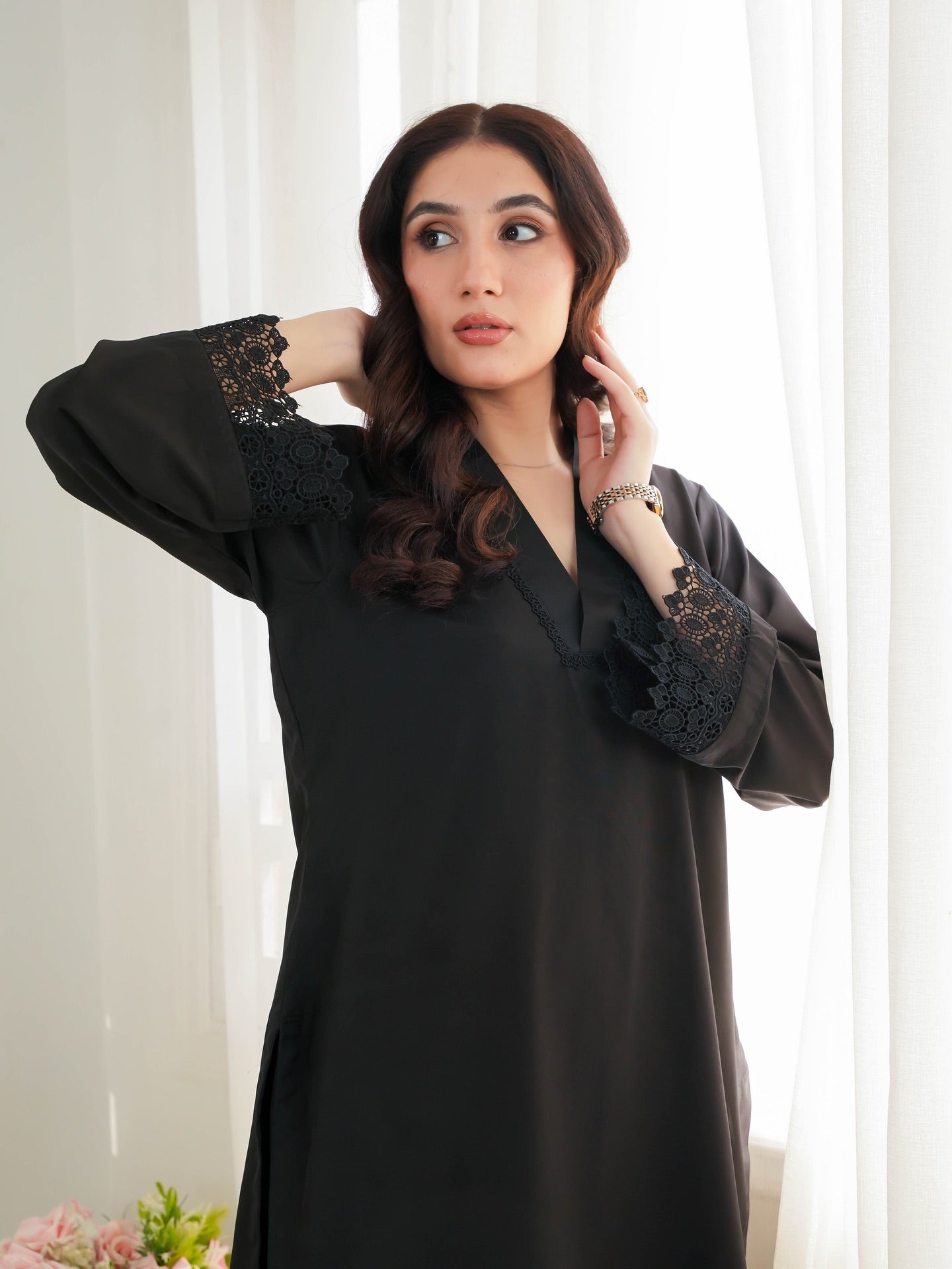 "Inara" – Midnight Black Premium Flowy Co-ord Set with Crochet Lace Detailing