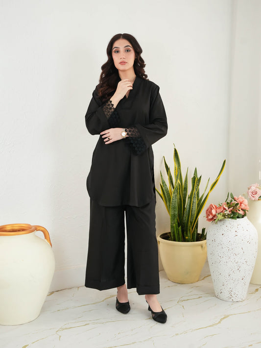 "Inara" – Midnight Black Premium Flowy Co-ord Set with Crochet Lace Detailing