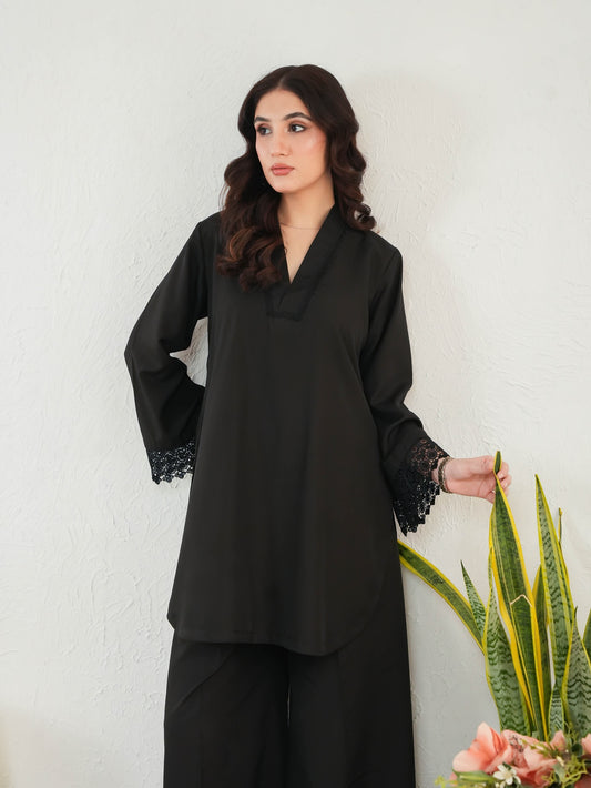 "Inara" – Midnight Black Premium Flowy Co-ord Set with Crochet Lace Detailing