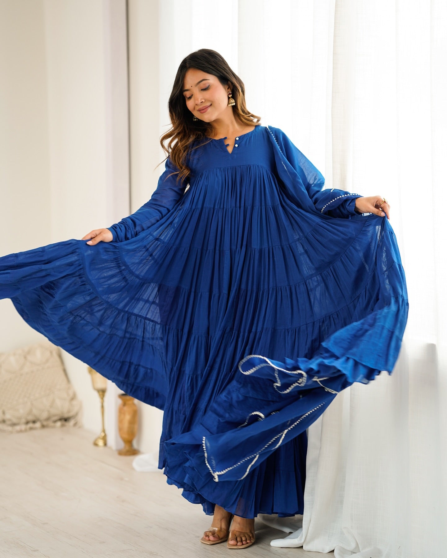 "Indraneel" - Royal Blue Mal Cotton Tiered Anarkali Suit Set