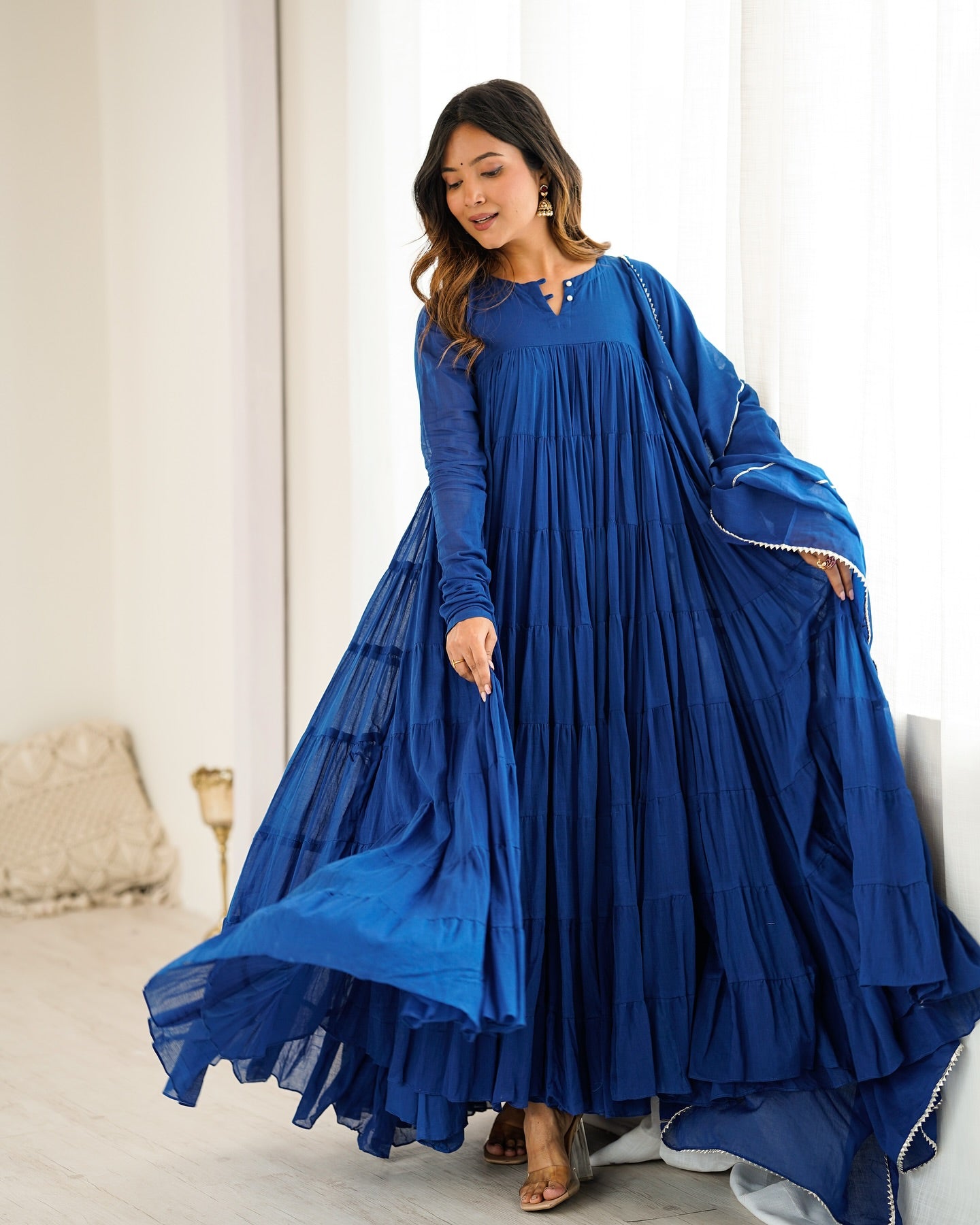 "Indraneel" - Royal Blue Mal Cotton Tiered Anarkali Suit Set