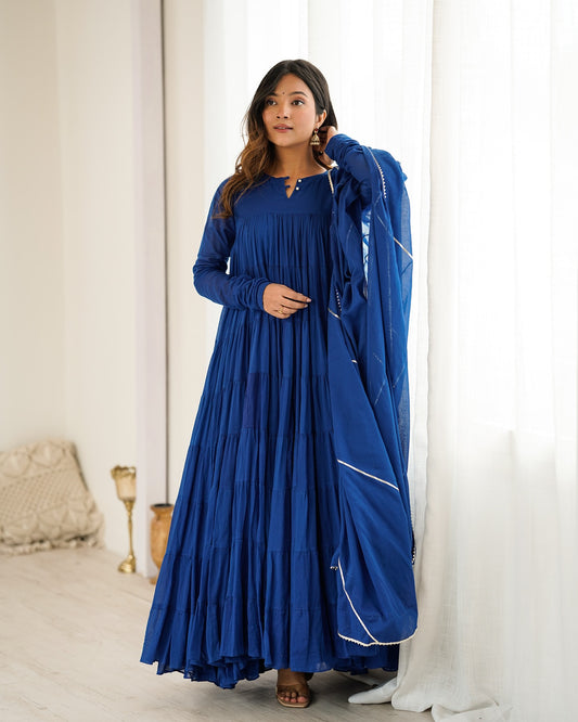 "Indraneel" - Royal Blue Mal Cotton Tiered Anarkali Suit Set