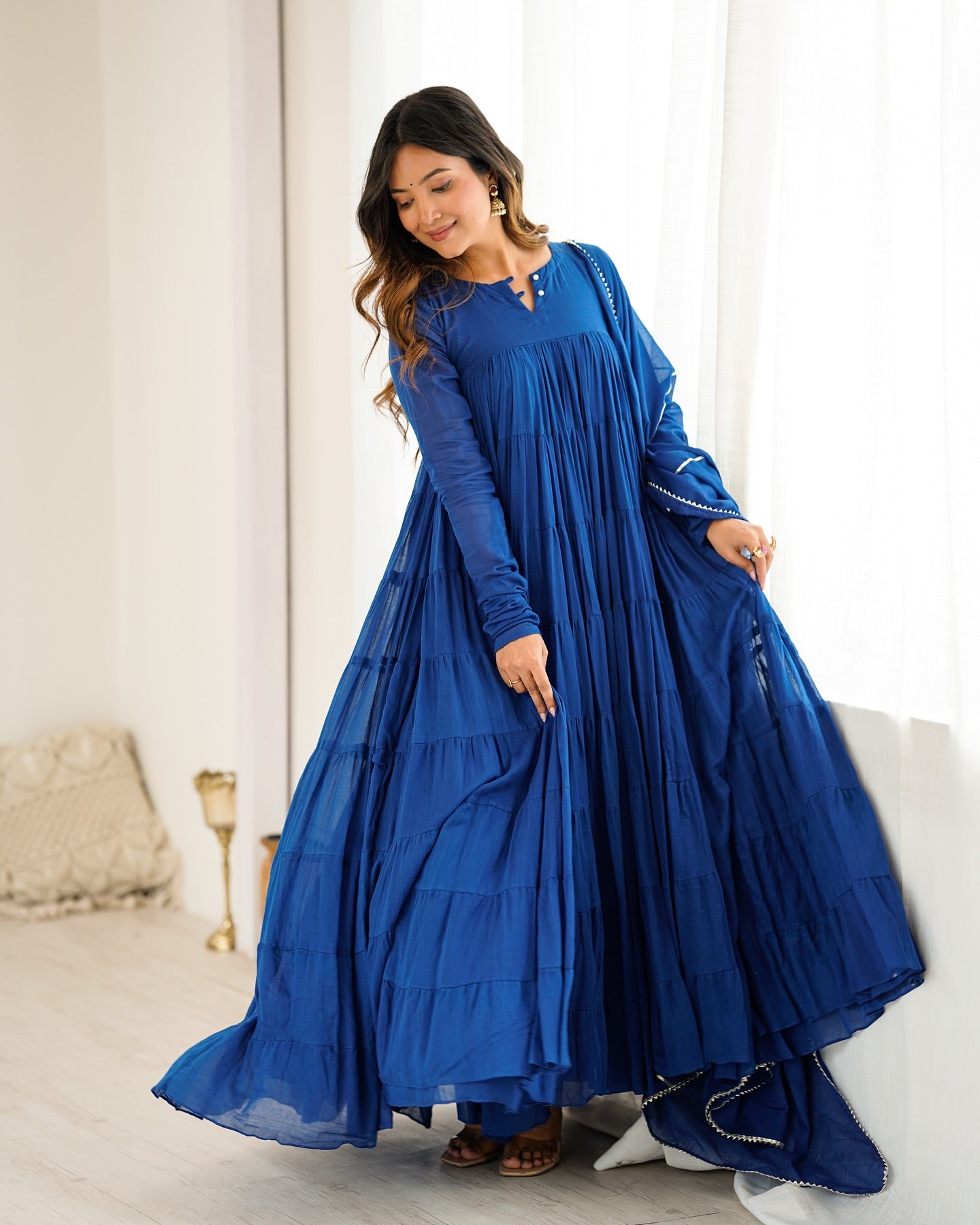 "Indraneel" - Royal Blue Mal Cotton Tiered Anarkali Suit Set