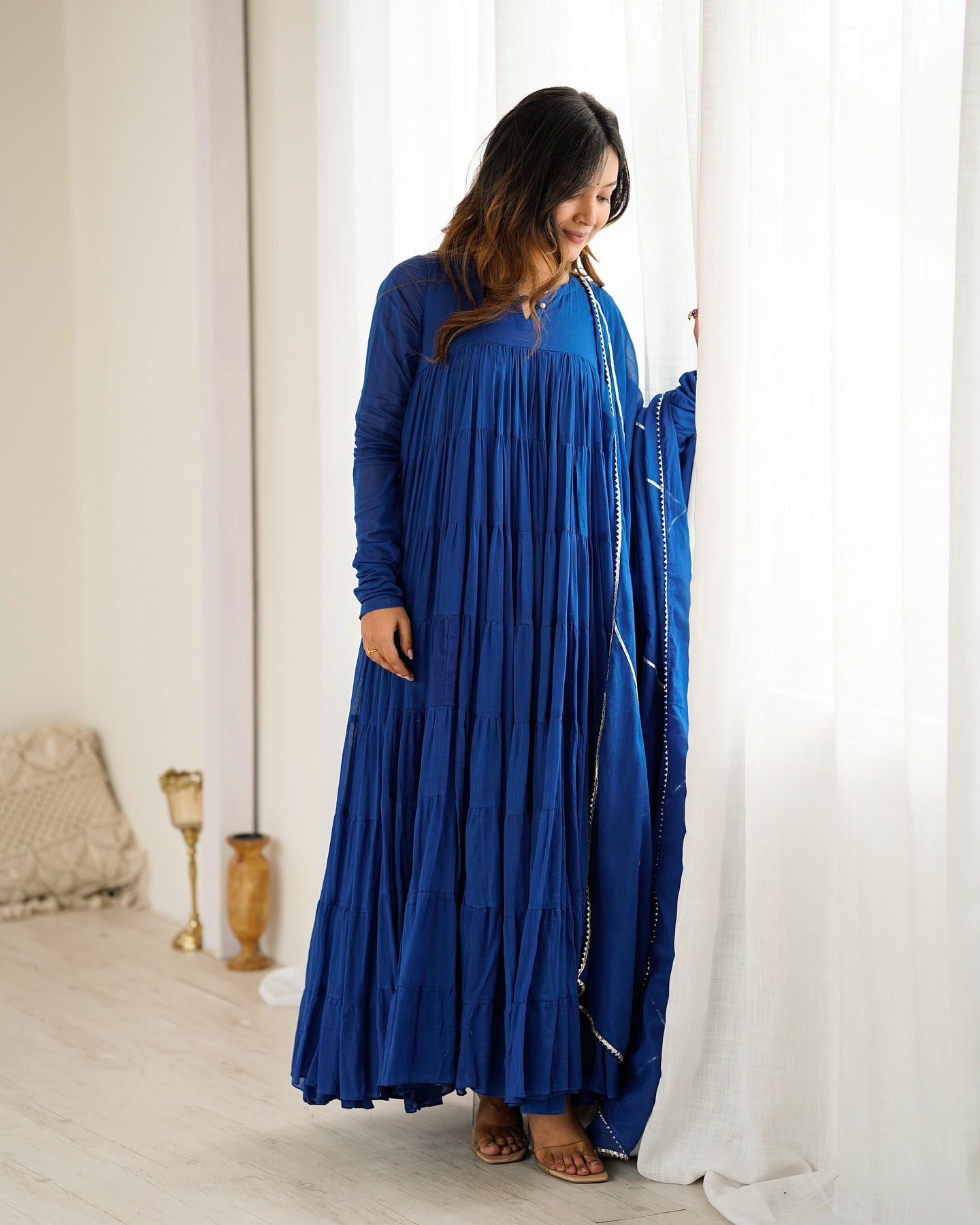 "Indraneel" - Royal Blue Mal Cotton Tiered Anarkali Suit Set