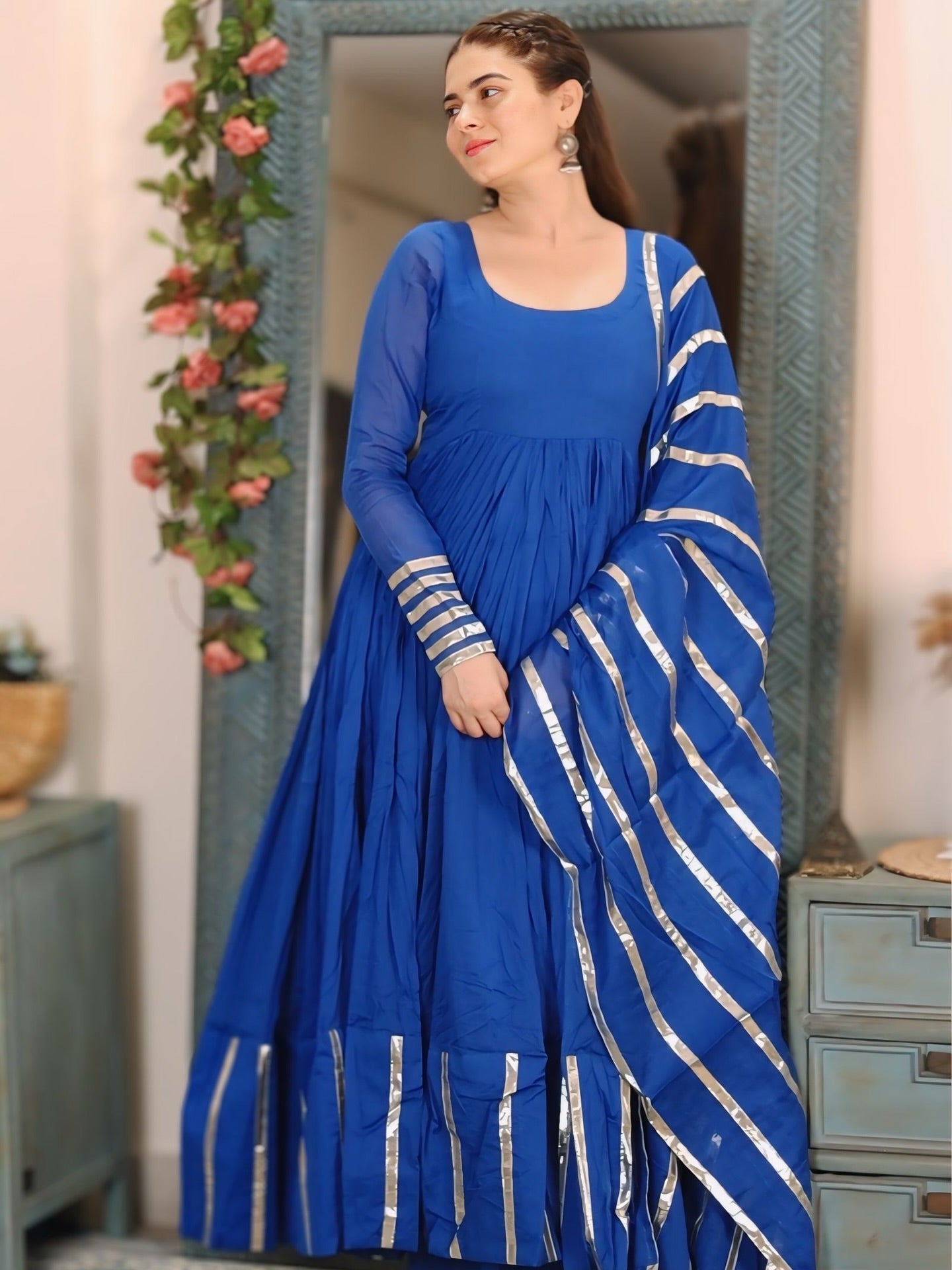 "Nritya" - Mal Cotton Full Flare Anarkali Suit Set with Gota Dupatta